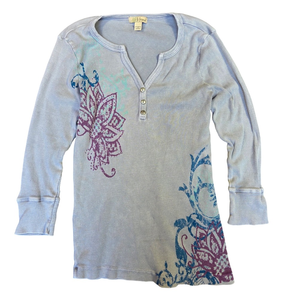 B. Friends Womens S Ribbed Henley Top Blue Floral Graphic Rhinestone Y2K Cotton